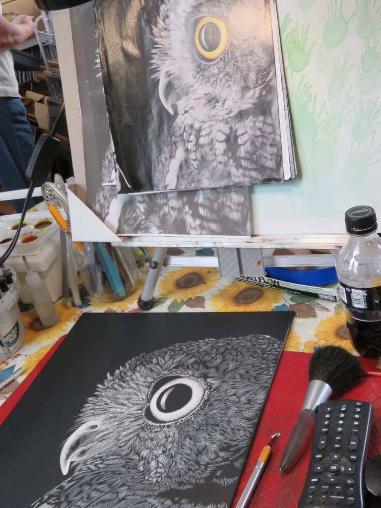Owl scratch art in progress by Esther Piazza Doyle
